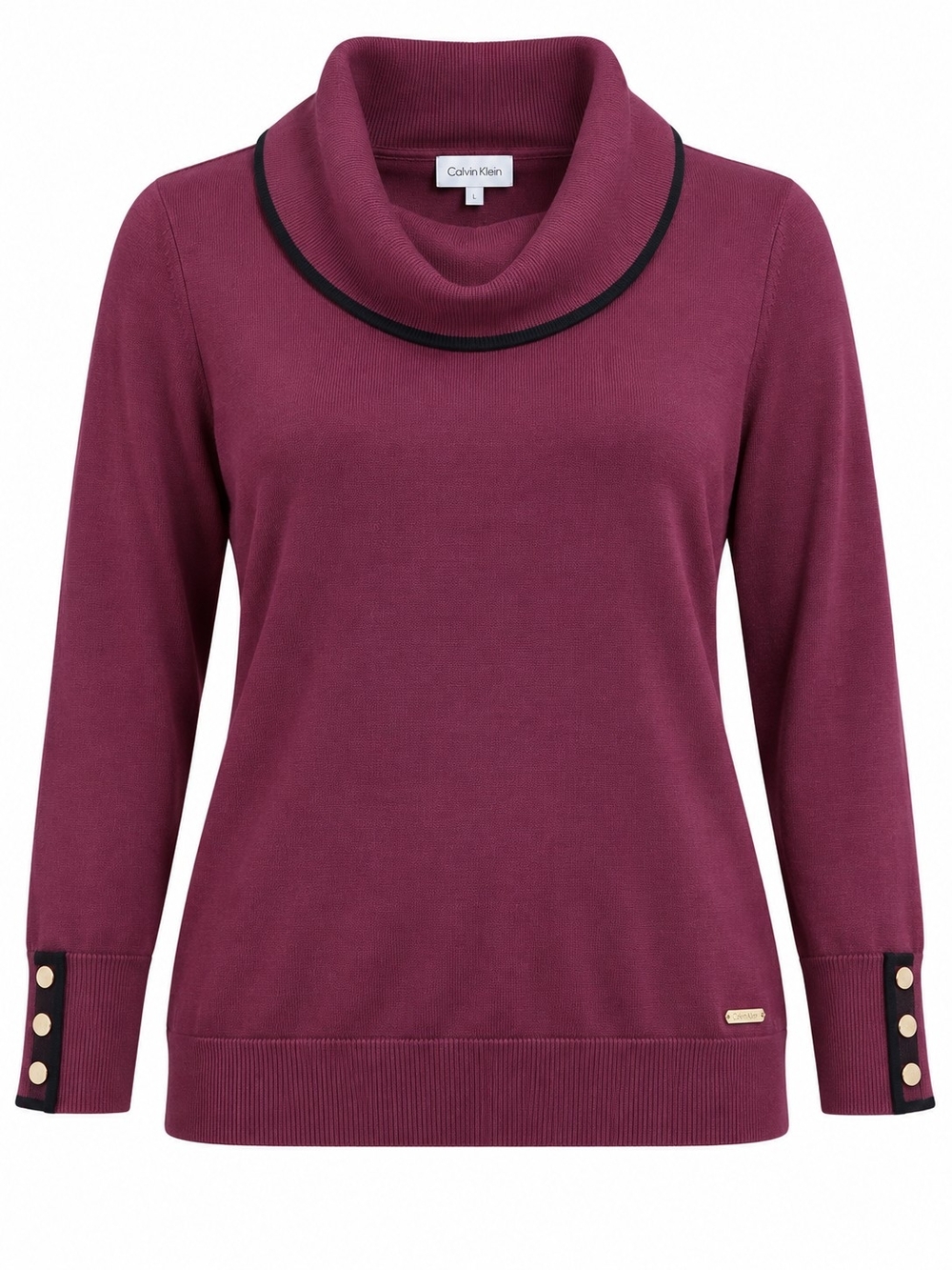 CALVIN KLEIN | Burgundy Wine Cowl Neck Sweater Black Trim Gold Buttons | L